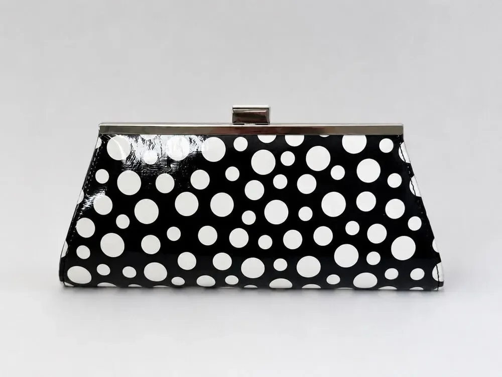 Neiman Marcus Black White Polka Dot Clutch Purse Silver Chain Shoulder Bag